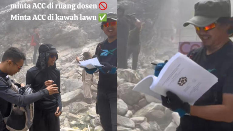 PERJUANGAN MAHASISWA - Potret mahasiswa minta tanda tangan dosen pembimbing diambil dari TikTok pada Selasa (29/7/2025). Mahasiswa rela naik ke kawah Gunung Lawu demi mendapatkan tanda tangan dari dosen pembimbing skripsi. (TikTok @dhymazspyro)