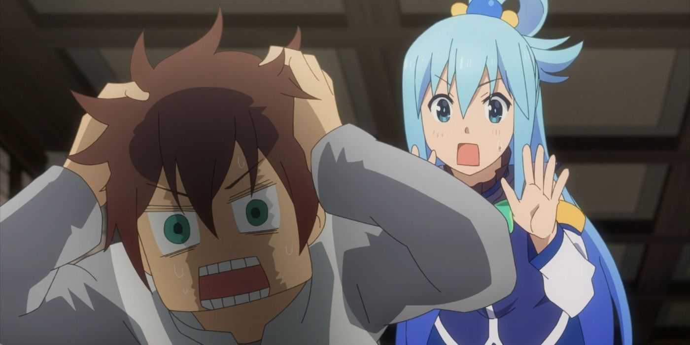 Kazuma freaks out while Aqua tries to calm him down in Konosuba Season 3 Episode 1.