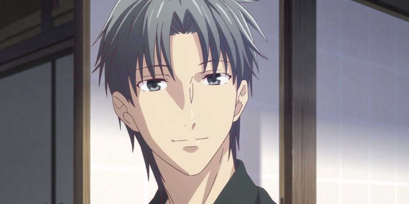 Fruits Basket's Shigure smiles warmly in a traditional Japanese house.