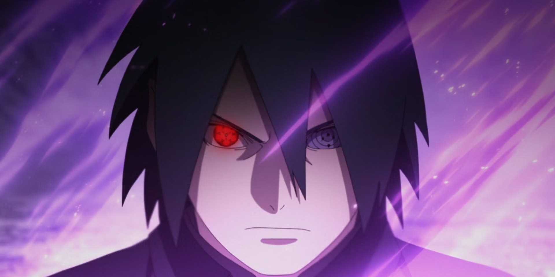 Sasuke Uchiha from Naruto using his rinnegan and sharingan against a purple background.