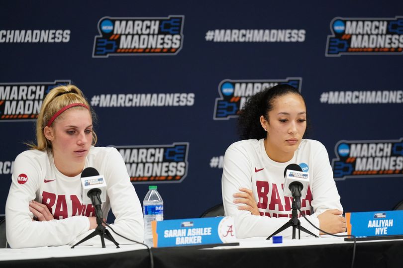 Sarah Ashlee Barker #3 and Aaliyah Nye #32 of the Alabama Crimson Tide speak in a press conference after falling in the second round of the 2024 NCAA Women's Basketball Tournament held at Moody Center on March 24, 2024 in Austin, Texas