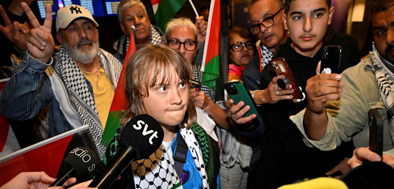Swedish activist Greta Thunberg talks to journalists as she arrives at Arlanda airport outside Stockholm, Sweden, June 10, 2025. TT News Agency/Anders Wiklund via REUTERS ATTENTION EDITORS - THIS IMAGE WAS PROVIDED BY A THIRD PARTY. SWEDEN OUT. NO COMMERCIAL OR EDITORIAL SALES IN SWEDEN.