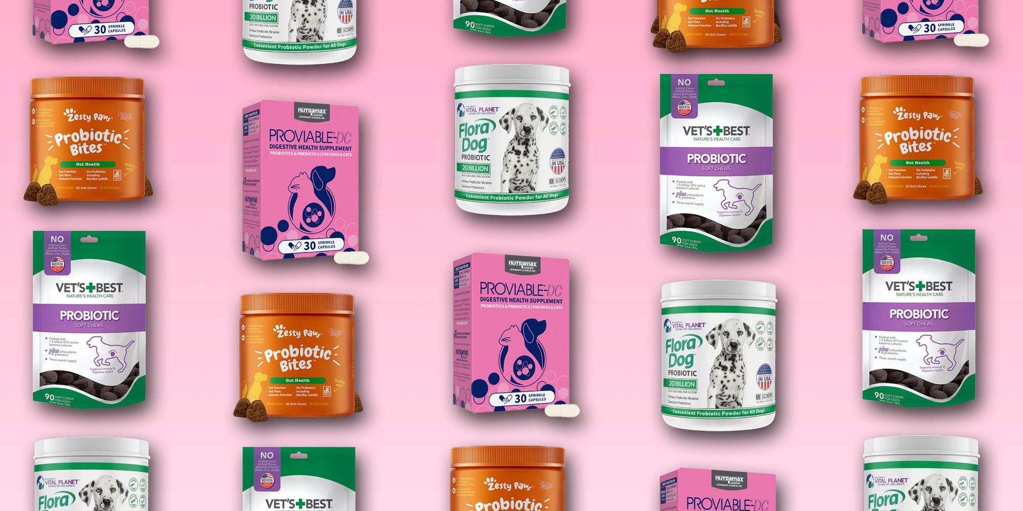 A collage of packages of dog probiotics from Zesty Paws, Vet's Best, Vital Flora, and Nutramax are on a light pink gradient background.