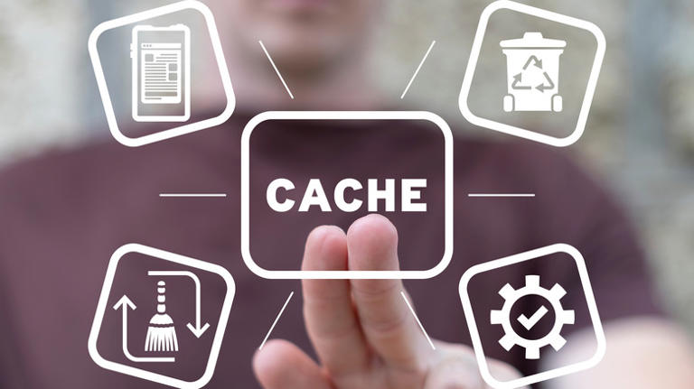 a man touching the word cache with icons around it