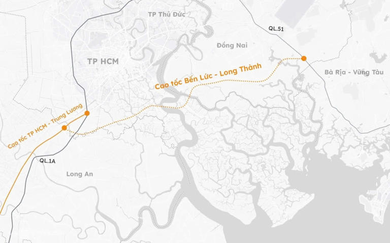 Hướng tuyến cao tốc Bến Lức - Long Thành. Đồ họa: Khánh Hoàng