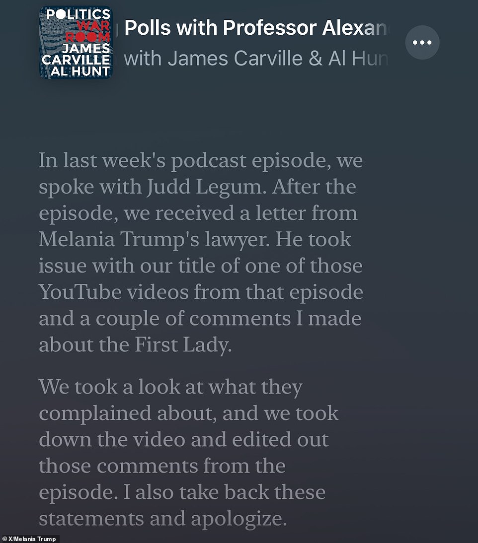 Melania Trump earns apology from James Carville