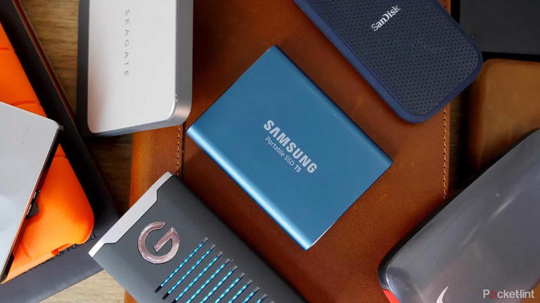 A collection of external SSDs.