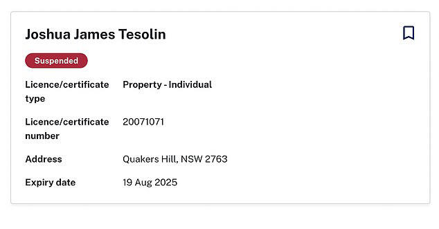 The NSW Fair Trading website shows that Josh Tesolin's real estate licence has been suspended