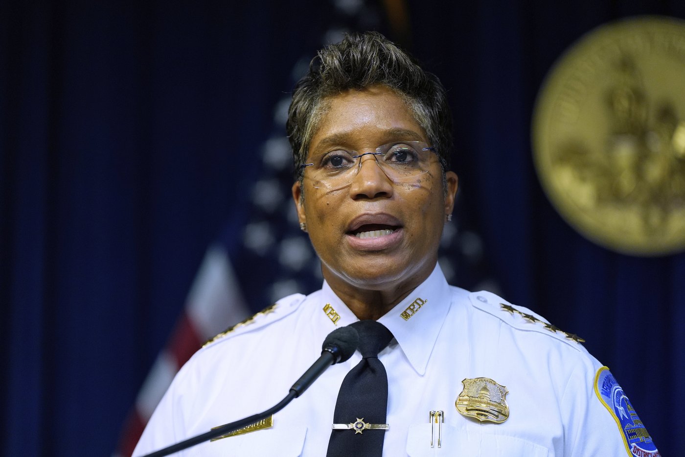 FILE - Metropolitan Police Department Chief Pamela Smith speaks during a news conference with Washington Mayor Muriel Bowser on President Donald Trump's plan to place Washington police under federal control and deploy National guard troops to Washington, Aug. 11, 2025, in Washington. (AP Photo/Julia Demaree Nikhinson, File)