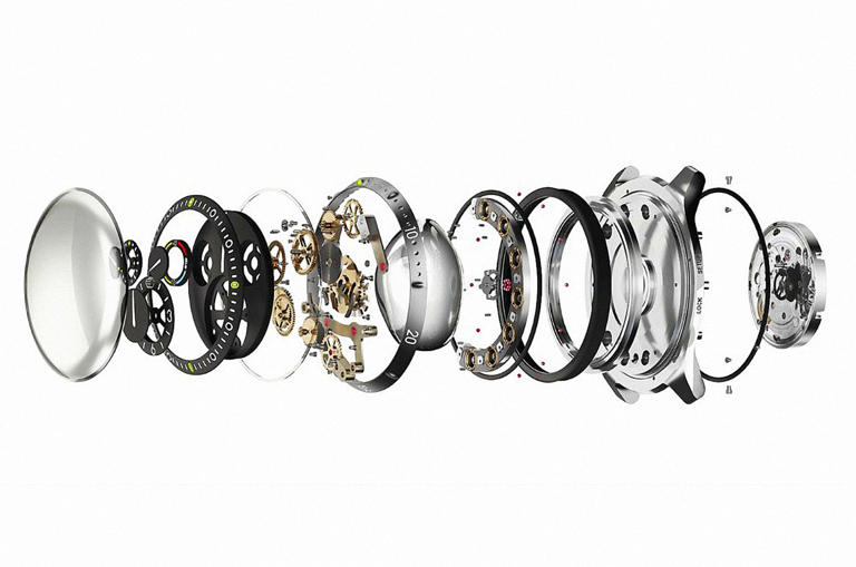 早期型號 Ressence 以 ETA 2824 為基礎，結合 ROCS 齒輪系統，打造整體錶盤旋轉的獨特時間顯示效果。