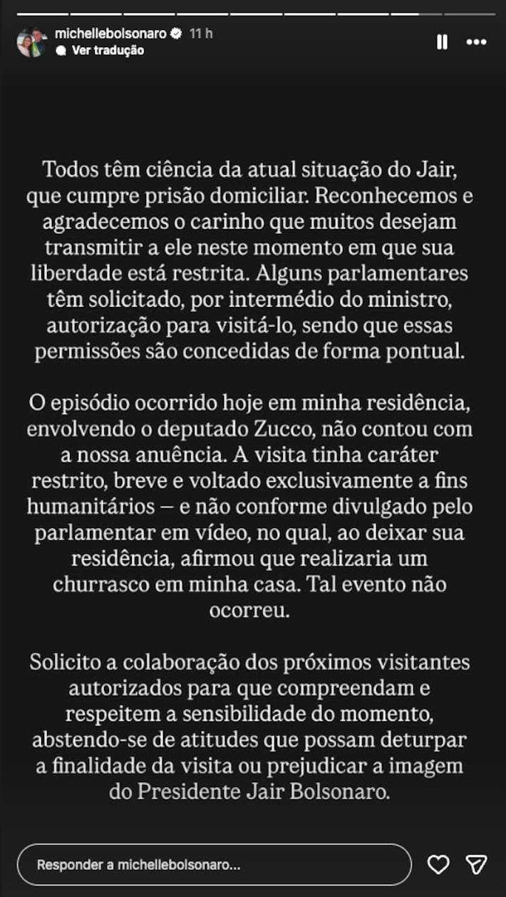 Michelle Bolsonaro pediu "colaboração dos próximos visitantes autorizados" Foto: @michellebolsonaro via stories do Instagram