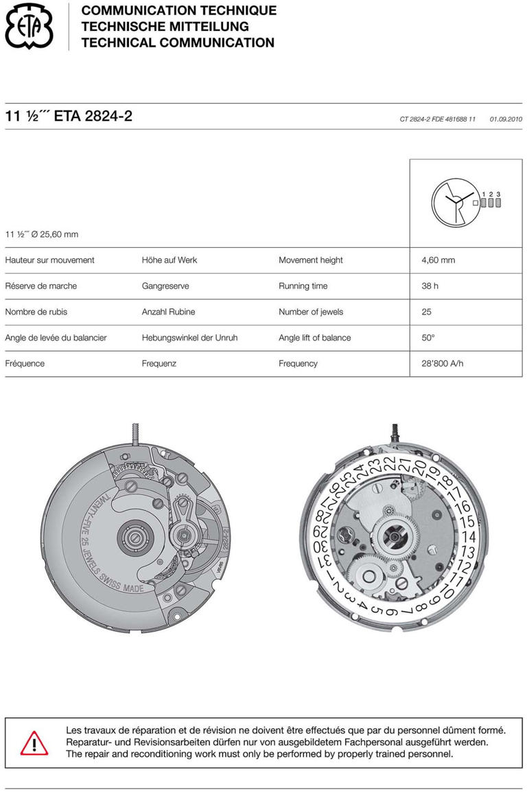 ETA 2824-2 技術文件詳列了自動上鍊系統、輪系、擒縱與擺輪等核心模組位置。該機芯直徑 25.6 毫米、厚度 4.6 毫米，振頻 28,800 次／小時，採用 25 顆紅寶石軸承以降低摩擦，動力儲存約 38 小時。圖中可見雙向上鍊的棘爪式反向輪自動上鍊結構，以及經標準化設計的日曆機構與快調裝置，便於維修更換，並支援 C.O.S.C. 認證的高精度調校範圍。