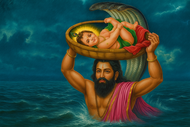 Indra shielded Vasudeva’s journey with darkness.