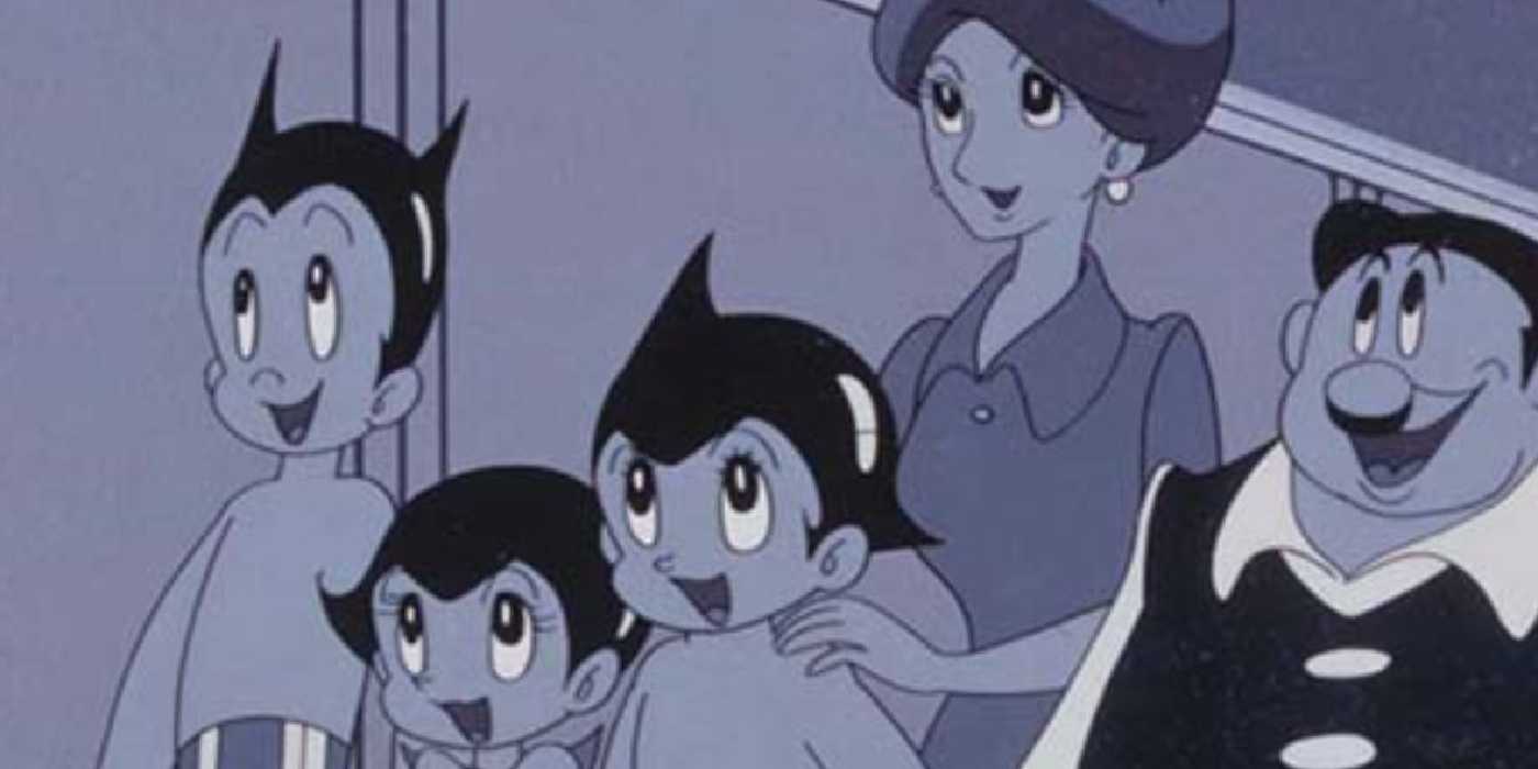 Astro Boy with his family tinted blue in the original anime.