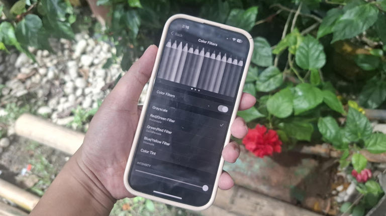A person holding iPhone showing grayscale color filter option