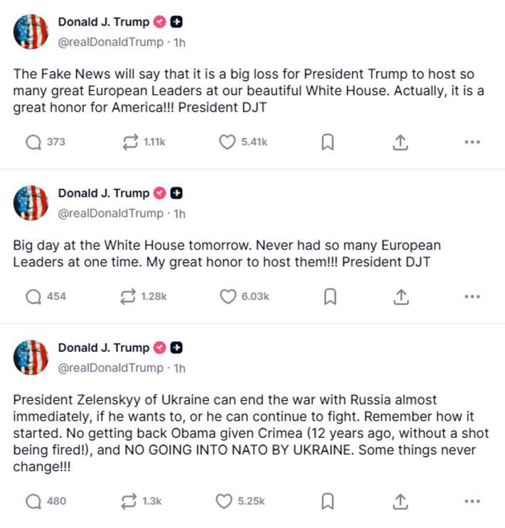 Declarações do presidente Donald Trump na noite do domingo, 17, sobre encontro com Volodmir Zelenski e outros líderes europeus marcardo para a segunda-feira, 18. Foto: Reprodução/Truth/@realDonaldTrump