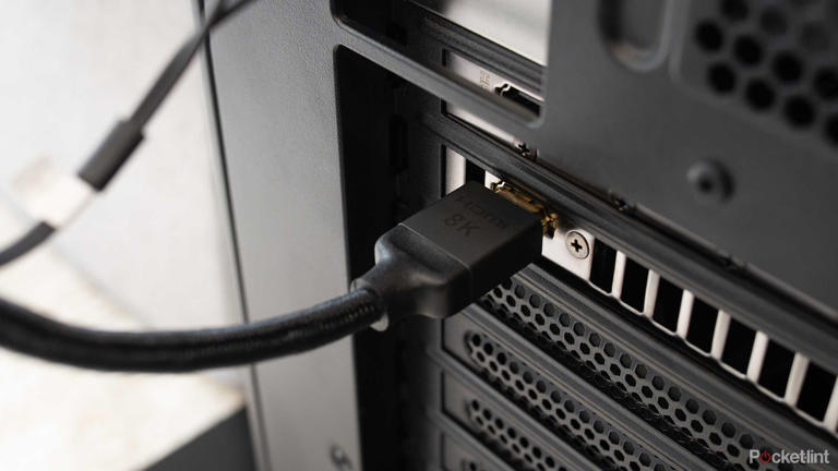 A HDMI 2.1 cable plugged into a PC