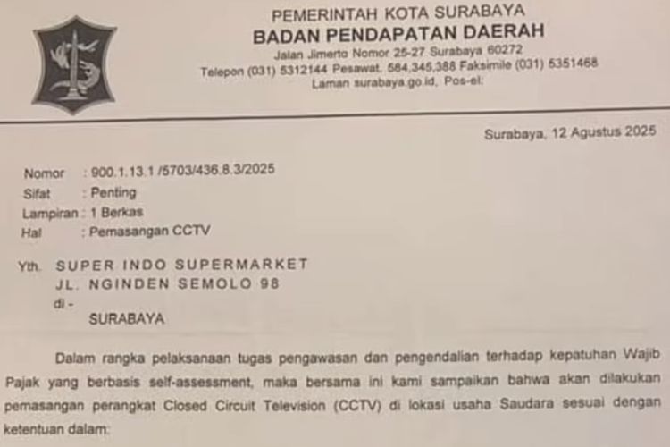 Surat pemasangan CCTV di tempat usaha, Senin (18/8/2025).