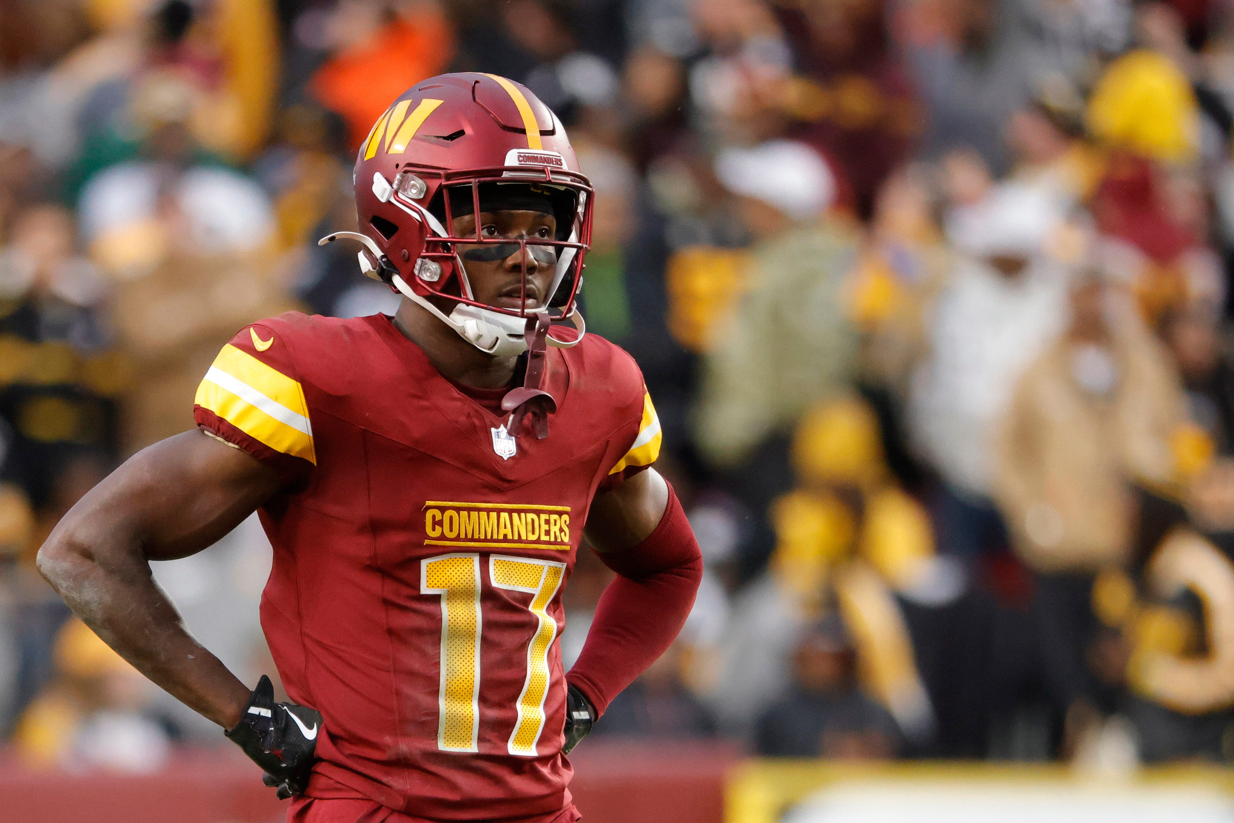 Nov 10, 2024; Landover, Maryland, USA; Washington Commanders wide receiver Terry McLaurin (17) looks on from the field during final minute of the game against the Pittsburgh Steelers at Northwest Stadium. Mandatory Credit: Amber Searls-Imagn Images