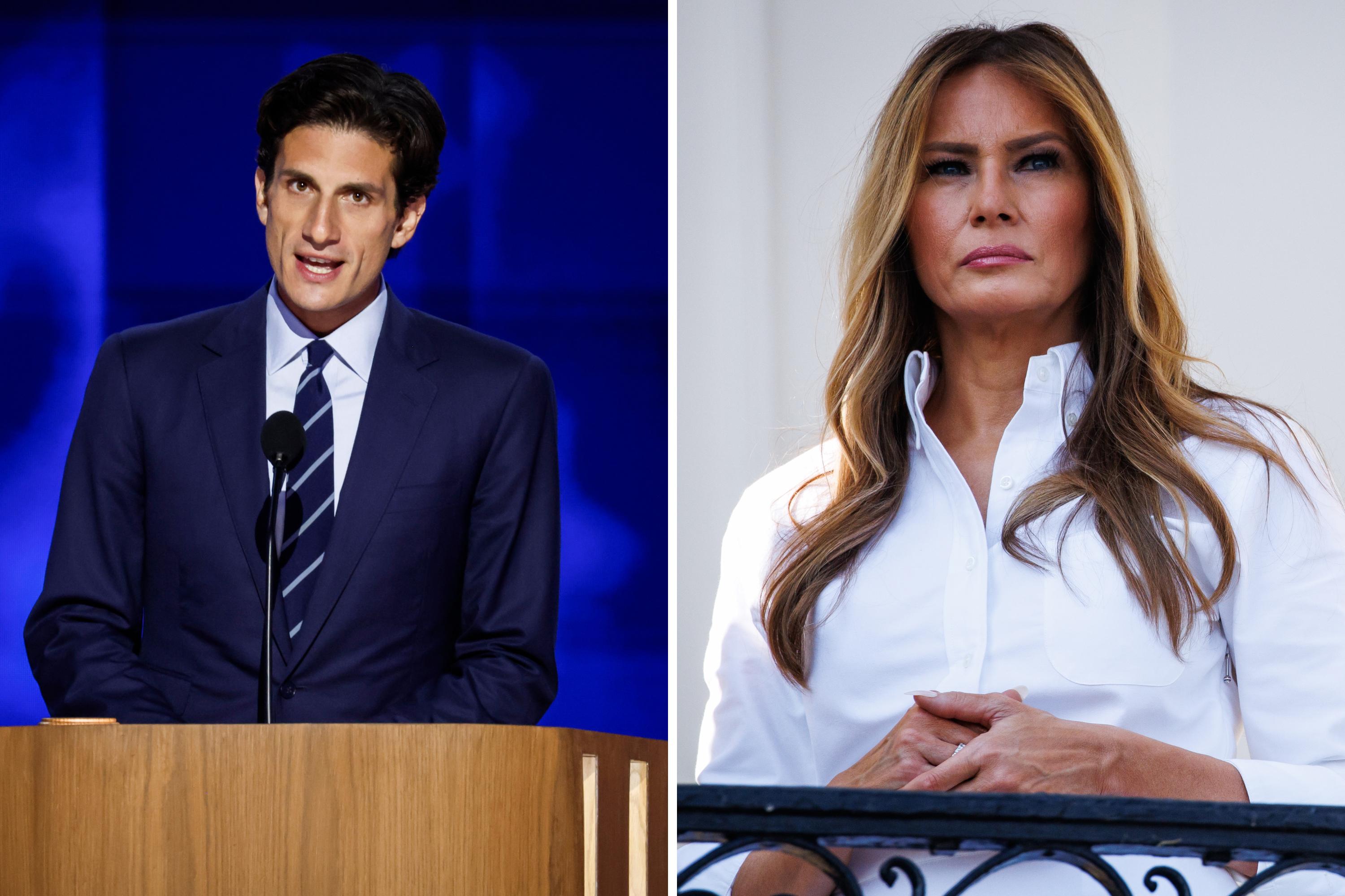 L: First lady Melania Trump listens as U.S. President Donald Trump (not pictured) delivers remarks during an Independence Day military family picnic on the South Lawn of the White House on July 04, 2025 in Washington, DC. R: Jack Schlossberg speaks on stage during the second day of the Democratic National Convention at the United Center on August 20, 2024 in Chicago, Illinois.