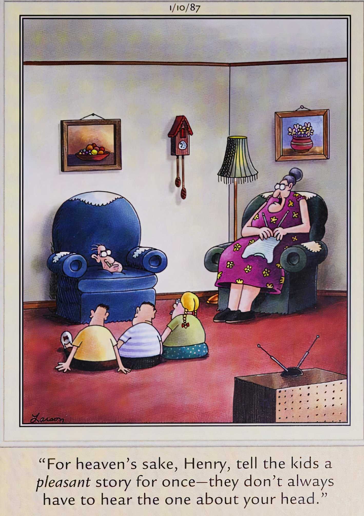 Far Side, January 10, 1987, the head of an old man tells stories to a group of children