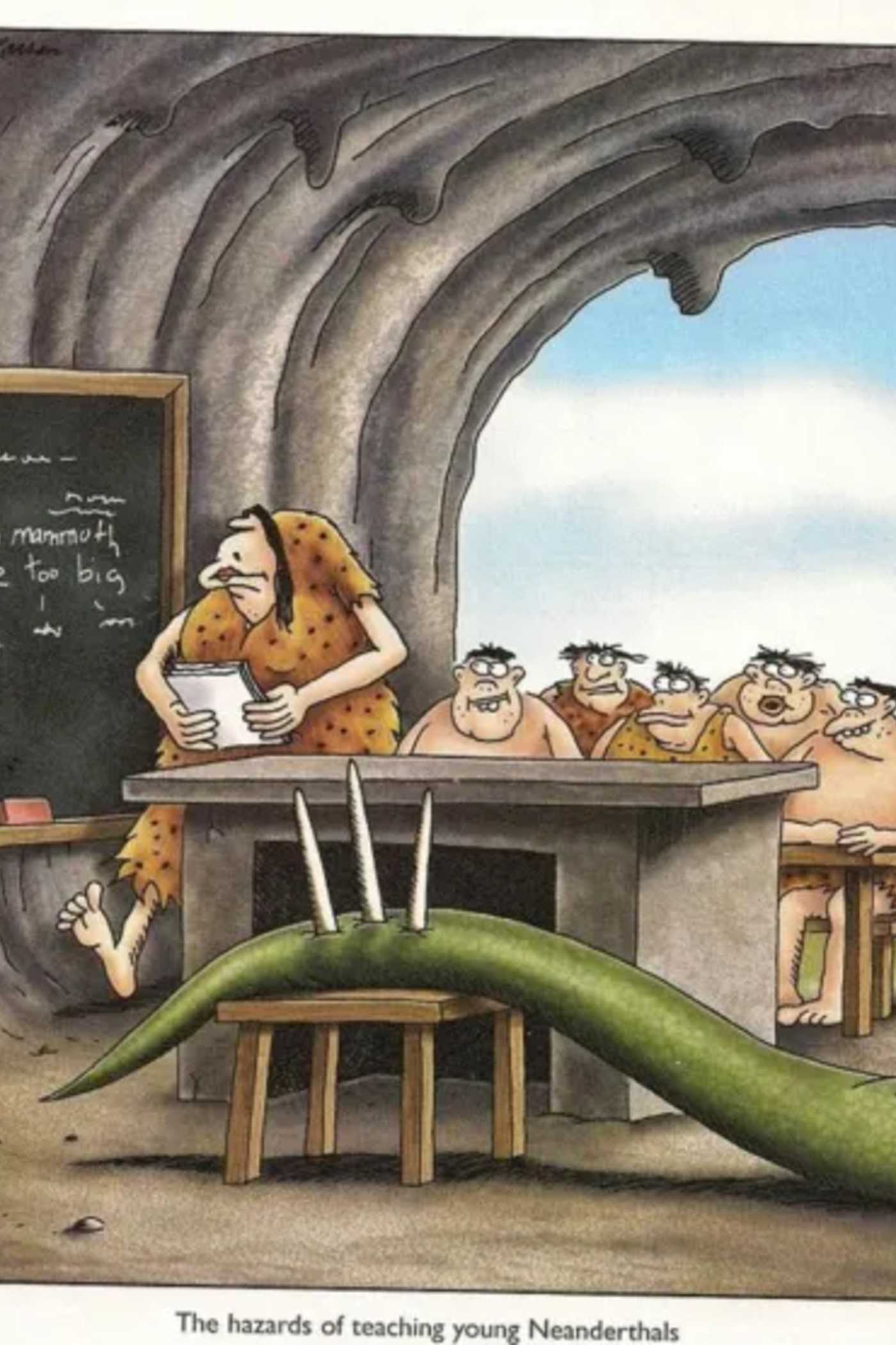 Thag sits on stegosaurus tail because of his students in The Far Side