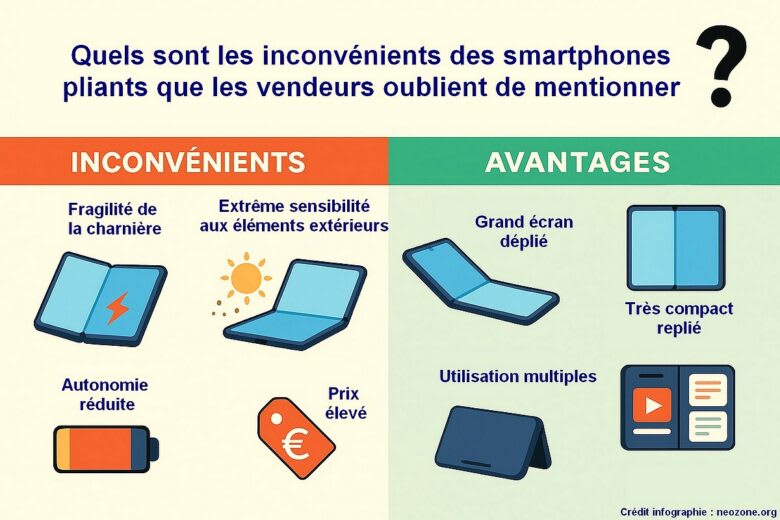 Infographie : avantages et inconvénients des smartphones pliants, entre fragilité, prix élevé et grand écran déplié. Crédit infographie : neozone.org.