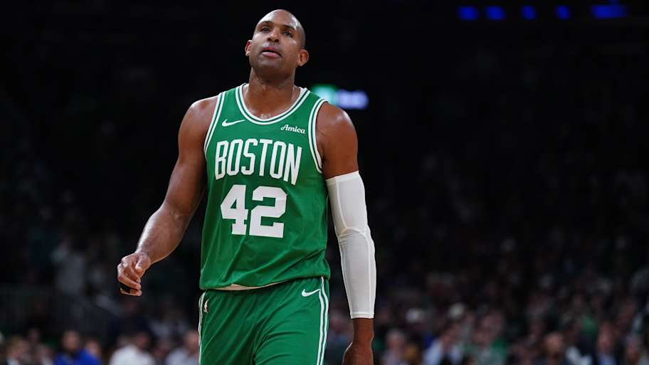 May 7, 2025; Boston, Massachusetts, USA; Boston Celtics center Al Horford (42) returns up court against the New York Knicks in the fourth quarter during game two of the second round for the 2025 NBA Playoffs at TD Garden. Mandatory Credit: David Butler II-Imagn Images | David Butler II-Imagn Images