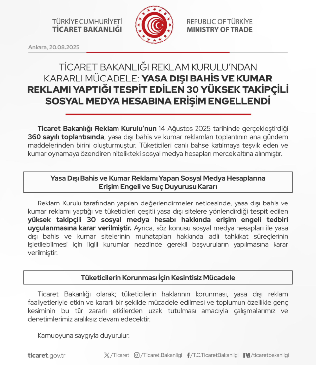 Yasa dışı bahis reklamı yapan 30 sosyal medya hesabına erişim engellendi