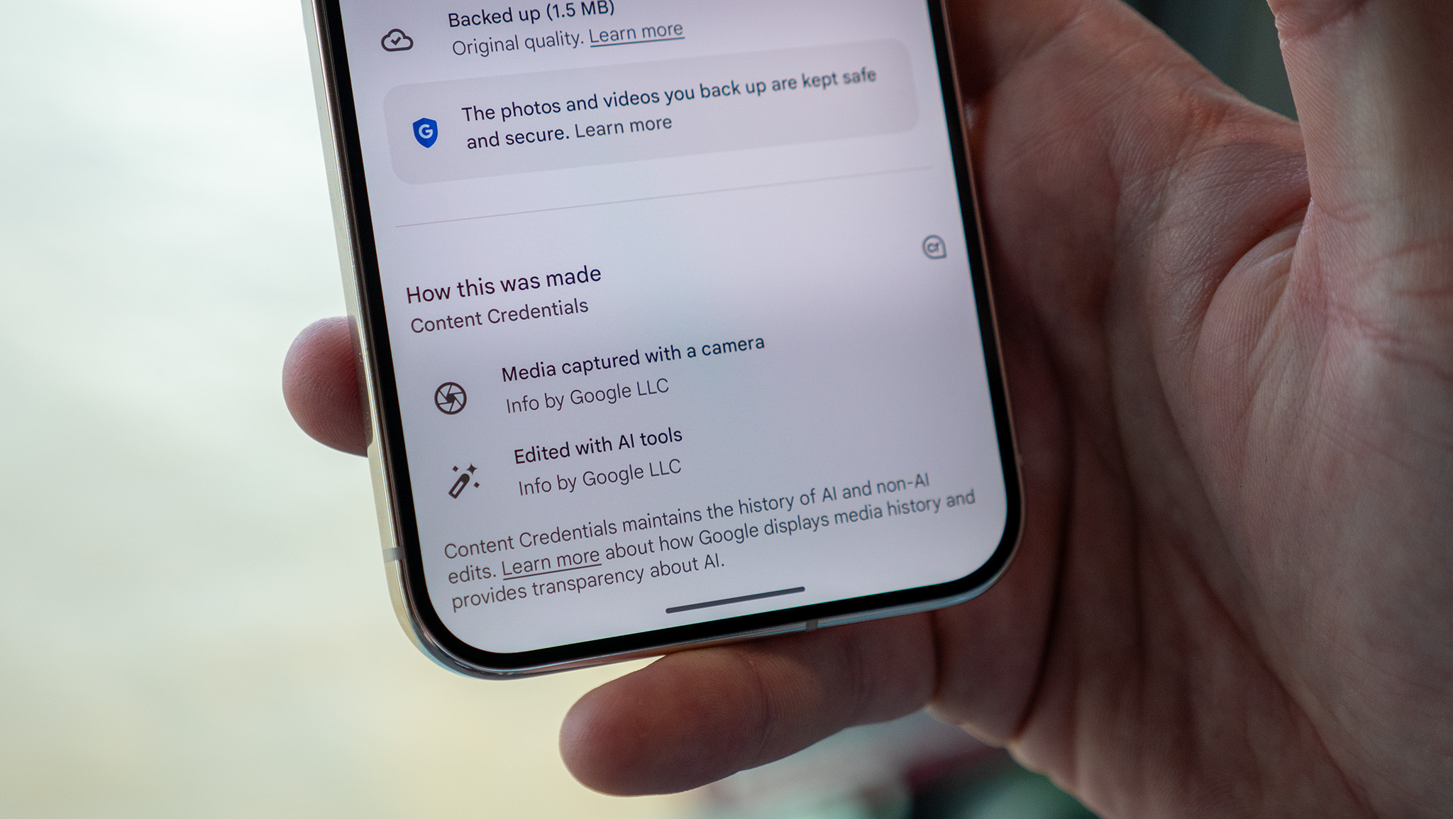 Checking out a photo's C2PA credentials on a Google Pixel 10 Pro to see if it was edited with AI or not.