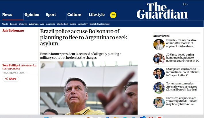 The Guardian destacou o plano de pedir asilo político do ex-presidente. Foto: Reprodução/The Guardian