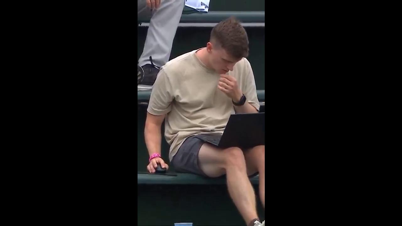 Cubs fan caught working from bleachers with laptop and mouse(00)
