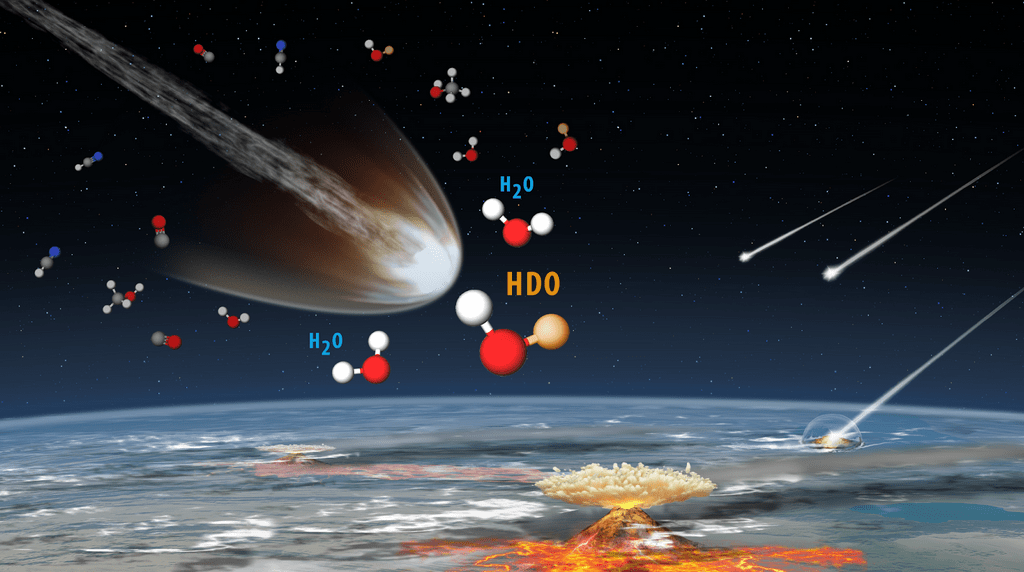 Scientists captured detailed maps of both ordinary water (H₂O) and heavy water (HDO, which contains the isotope deuterium) in the comet’s coma. (CREDIT: NASA / Theophilus Britt Griswold)