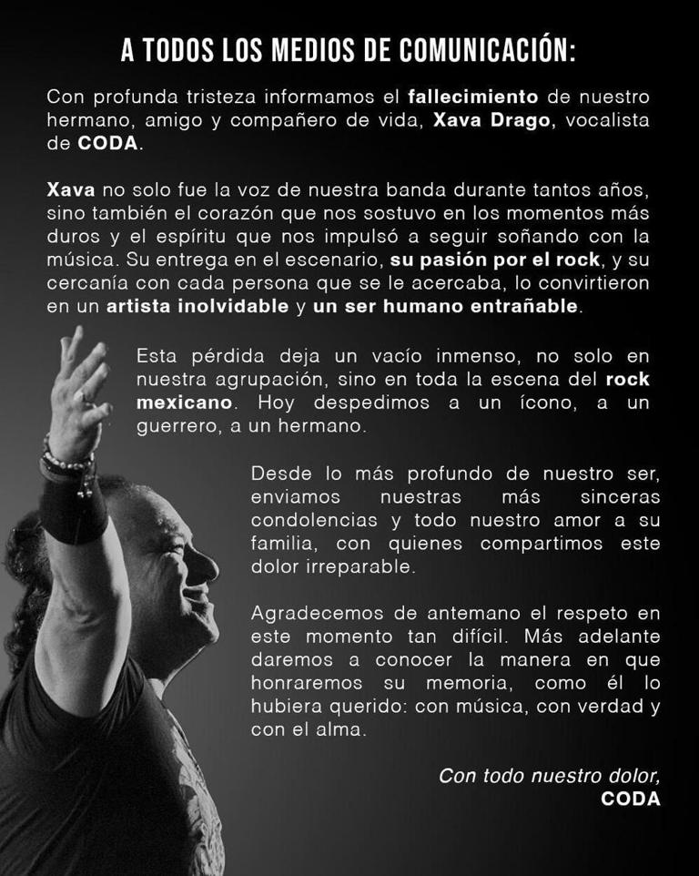 La banda <strong>Coda</strong> despide a su amigo y <strong>vocalista</strong> <strong>Xava</strong> Drago.