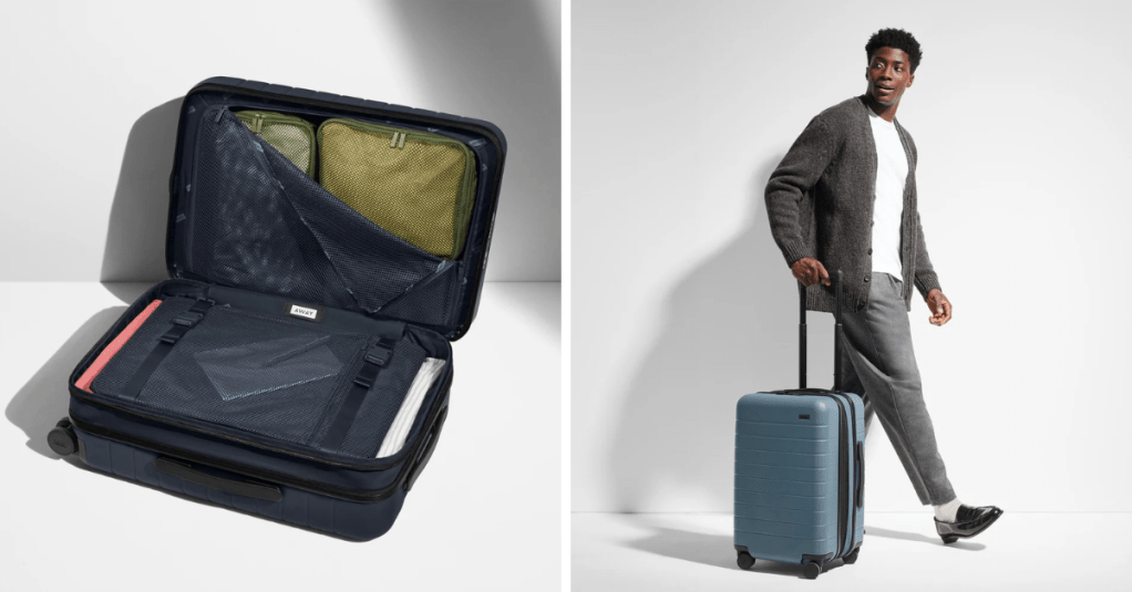 Person wheeling hard-sided suitcase with another image of the suitcase open with compression cubes