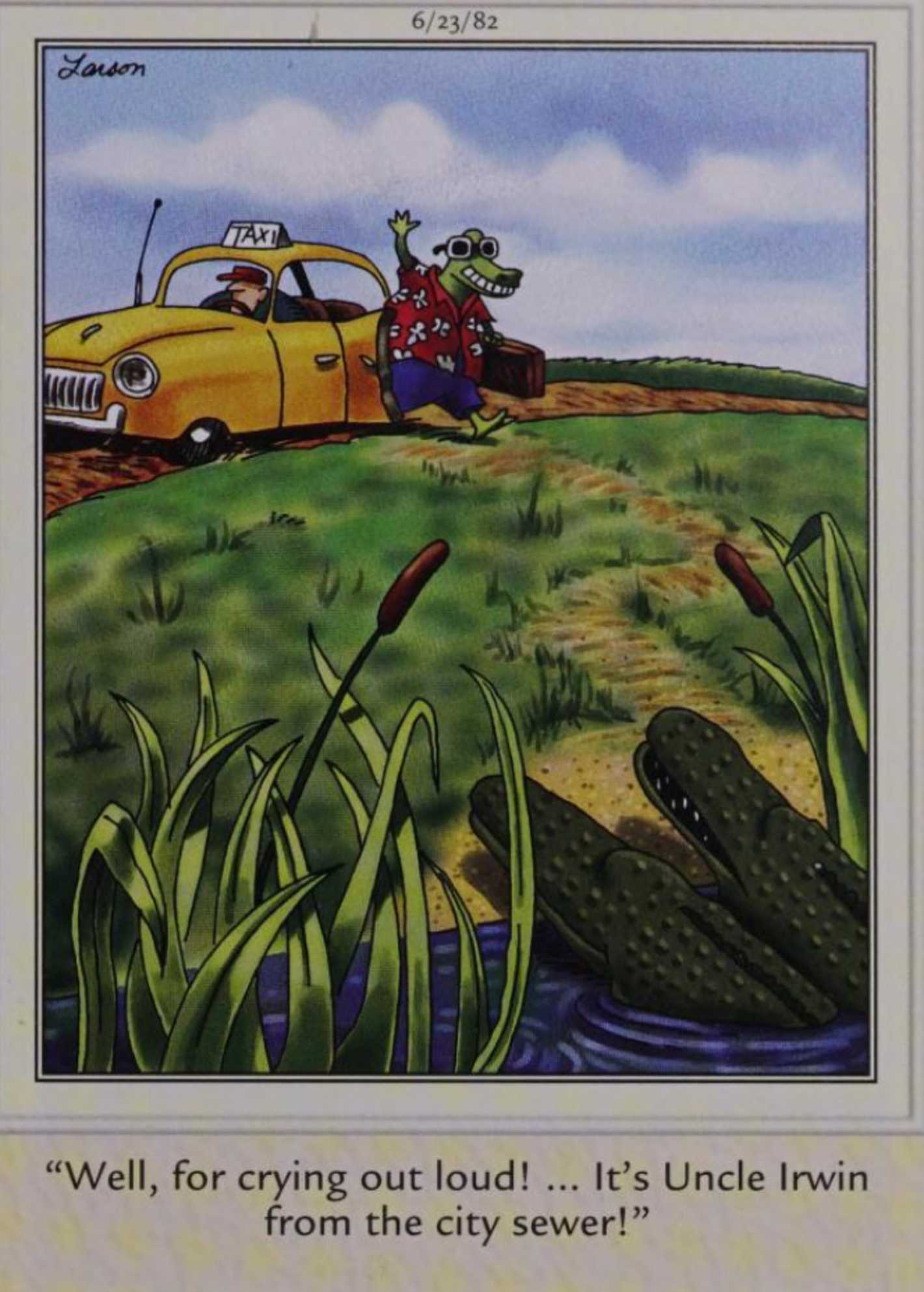Far Side, June 23, 1982, a cool city alligator visits rural relatives