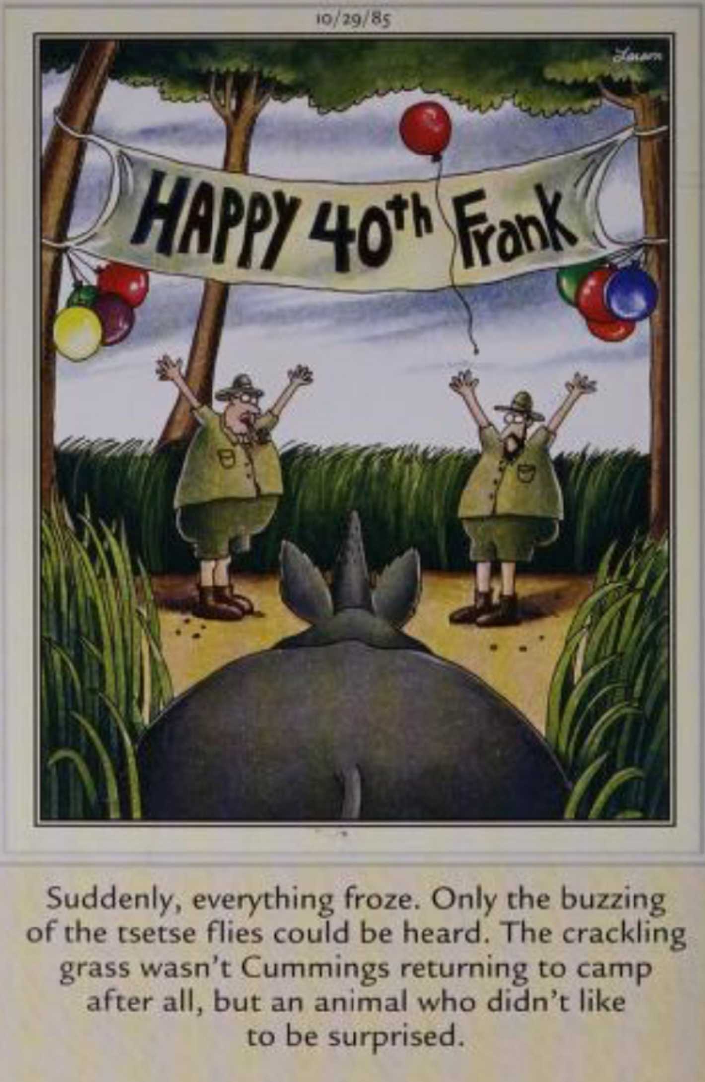 Far Side, October 29, 1985, explorers mistake a rhino for their friend