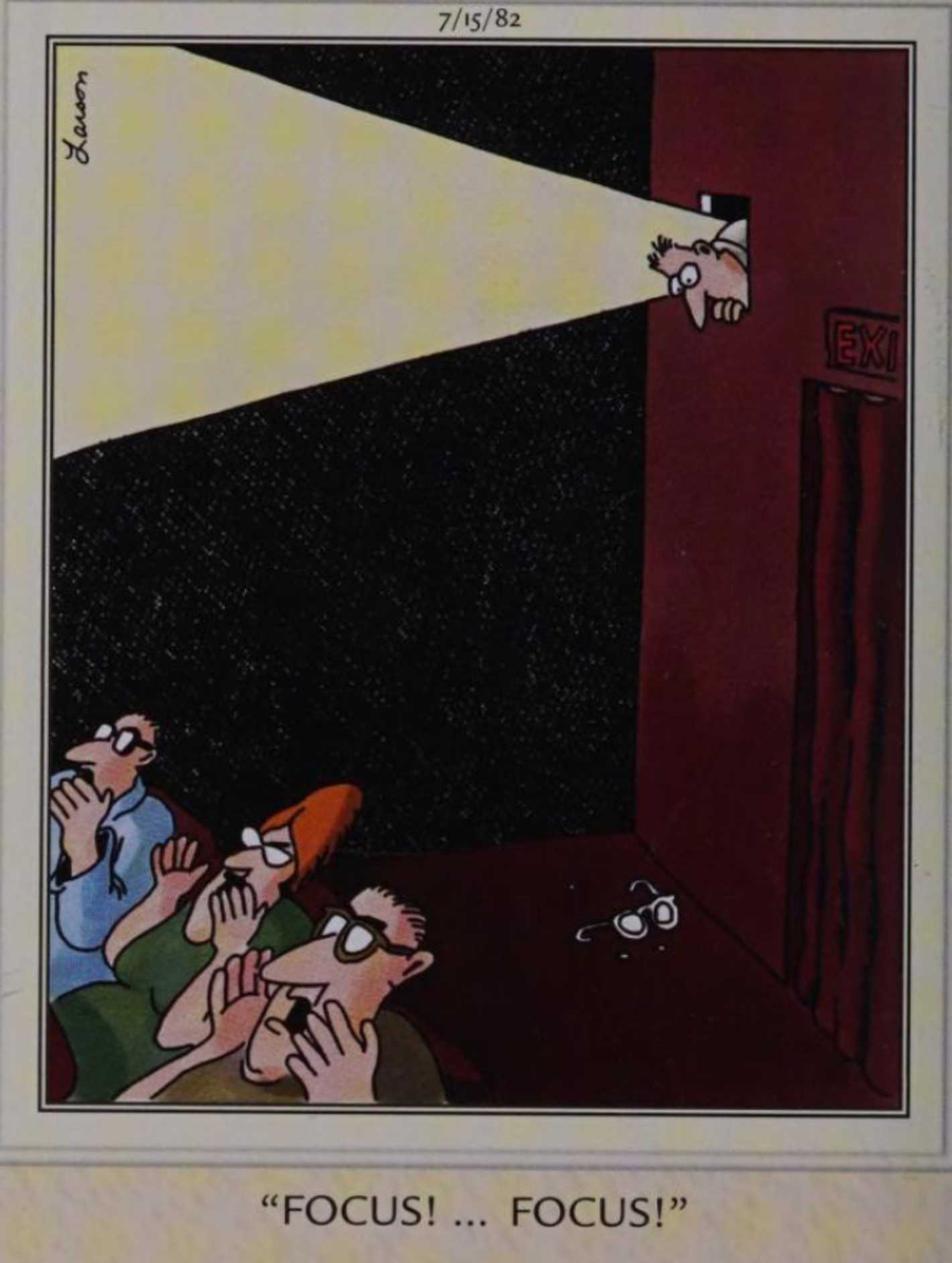 Far Side, July 15, 1982, a movie projectionist breaks his glasses