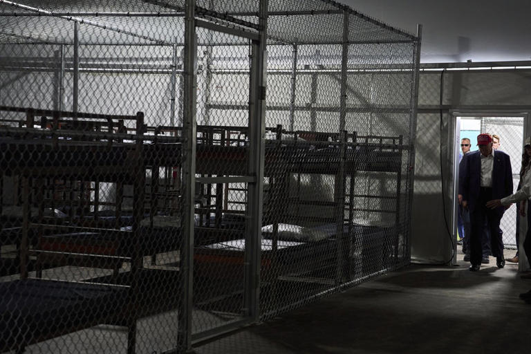 FILE - President Donald Trump tours Alligator Alcatraz, a new migrant detention facility at Dade-Collier Training and Transition facility, on July 1, 2025, in Ochopee, Fla. (AP Photo/Evan Vucci, File)