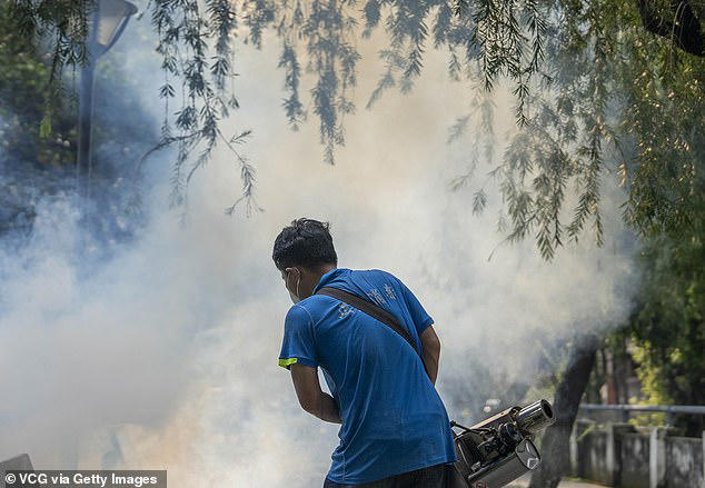 На изображениях видно, как китайские государственные служащие распыляют облака дезинфицирующего средства на улицах города, чтобы предотвратить распространение вируса чикунгунья