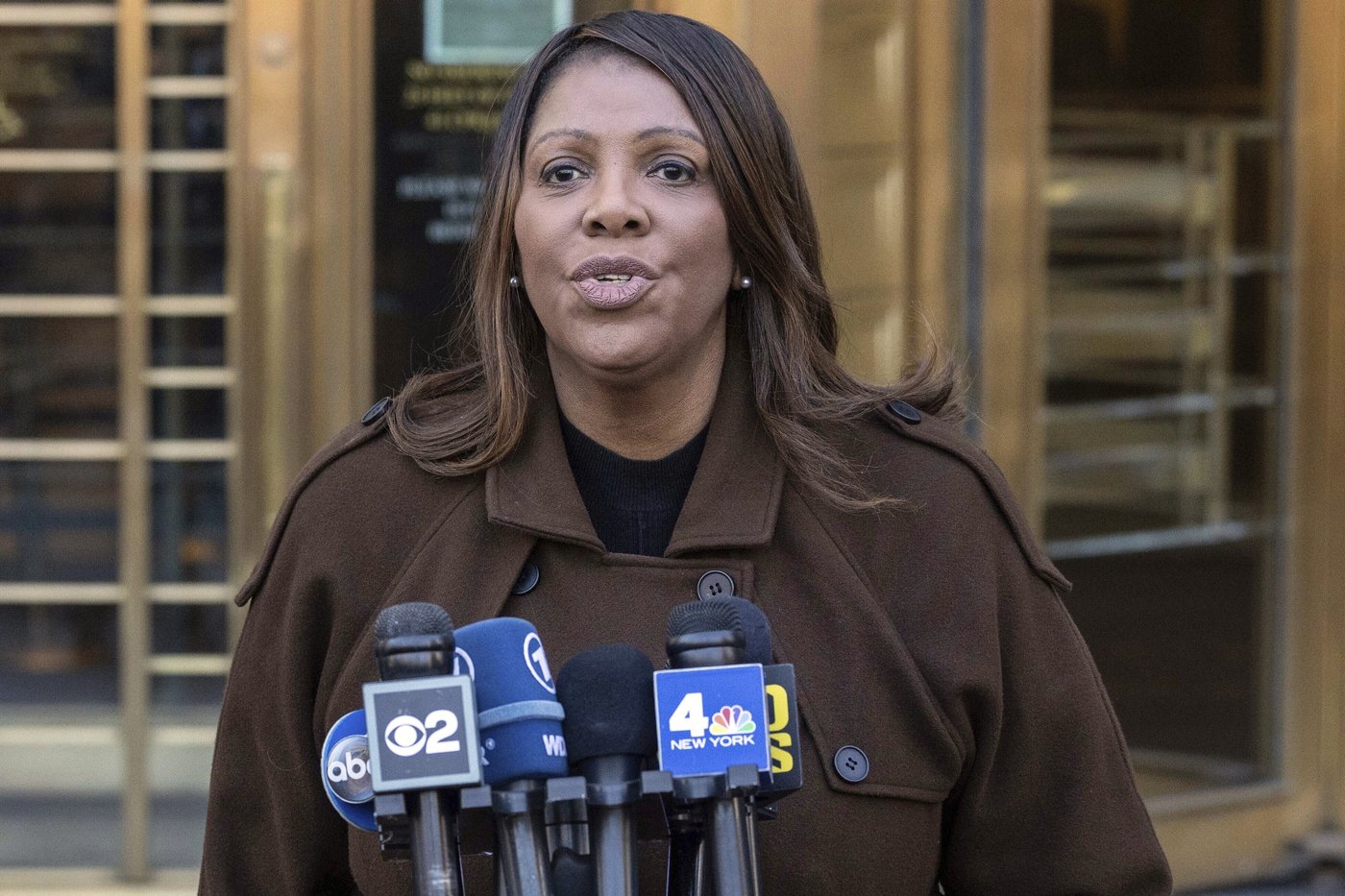 FILE - New York Attorney General Letitia James speaks during a news conference outside Manhattan federal court in New York on Feb. 14, 2025. (AP Photo/Yuki Iwamura, File)