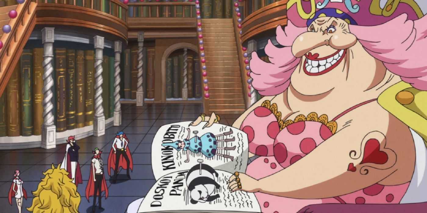 Big Mom shows her collection of rare species to the Vinsmoke family, including a Doskoi Panda and a Kinokobito.