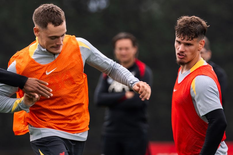 Florian Wirtz and Milos Kerkez during a Liverpool training session