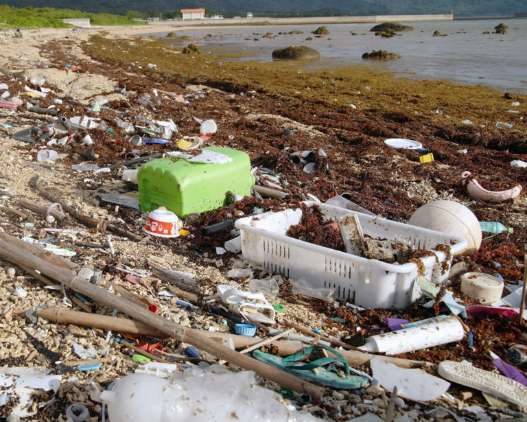 File photo taken in November 2021 shows plastic waste accumulating along the coast of Ishigaki Island in Okinawa Prefecture. (Kyodo)