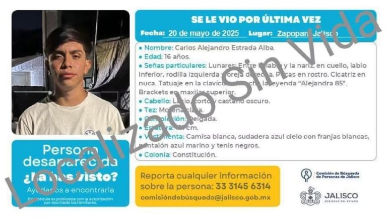 Al igual que Alexander, Carlos también tenía 16 años de edad y desapareció en mayo de 2025 en Zapopan Foto: FGE