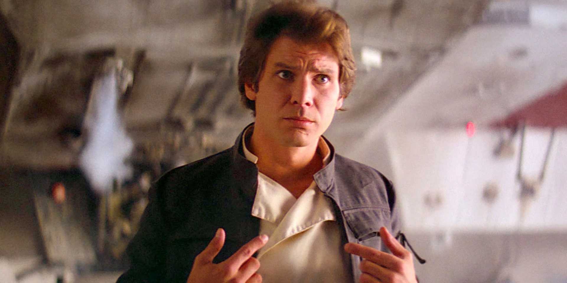 Han Solo looking confused and pointing to himself in The Empire Strikes Back
