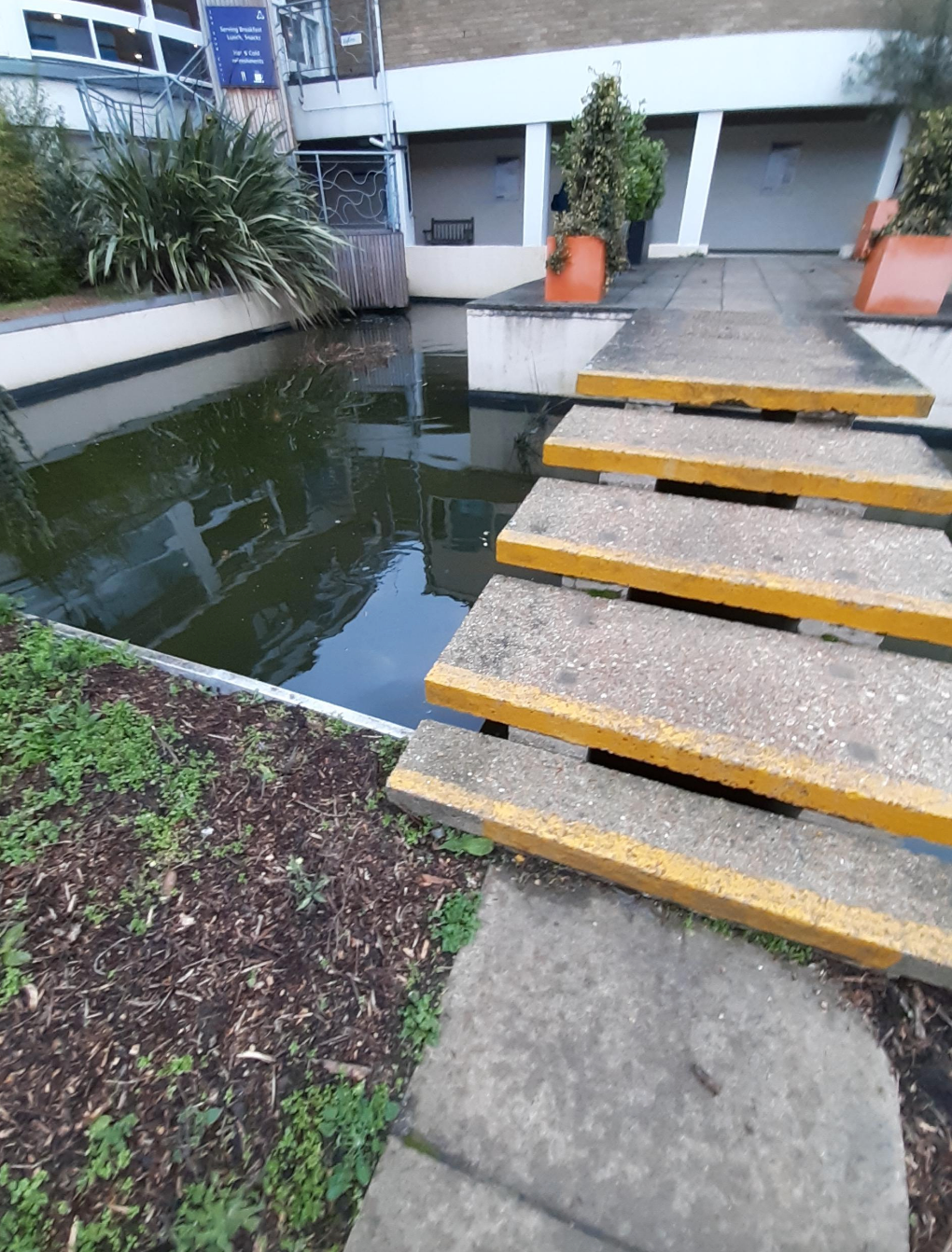 A set of stairs abruptly ends over a narrow water channel, with no safety barrier, next to a building entrance