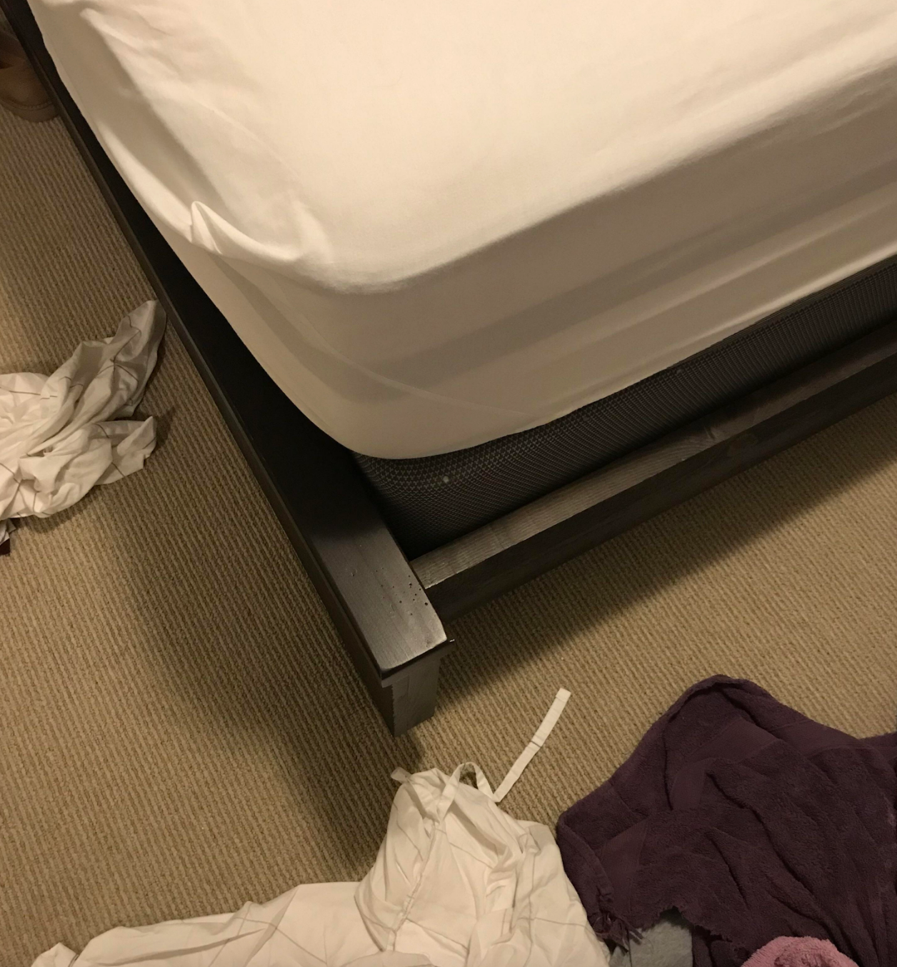 Unmade bed with wrinkled sheets and clothes scattered on the carpeted floor nearby