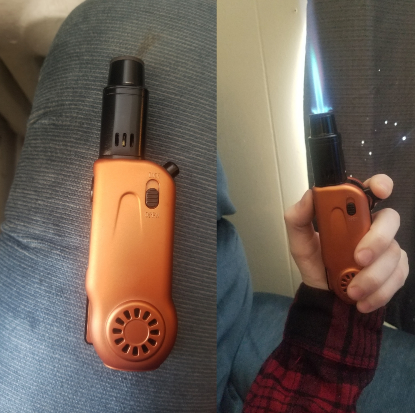 Person holding a torch lighter with a visible blue flame, showcasing it first unlit and then lit