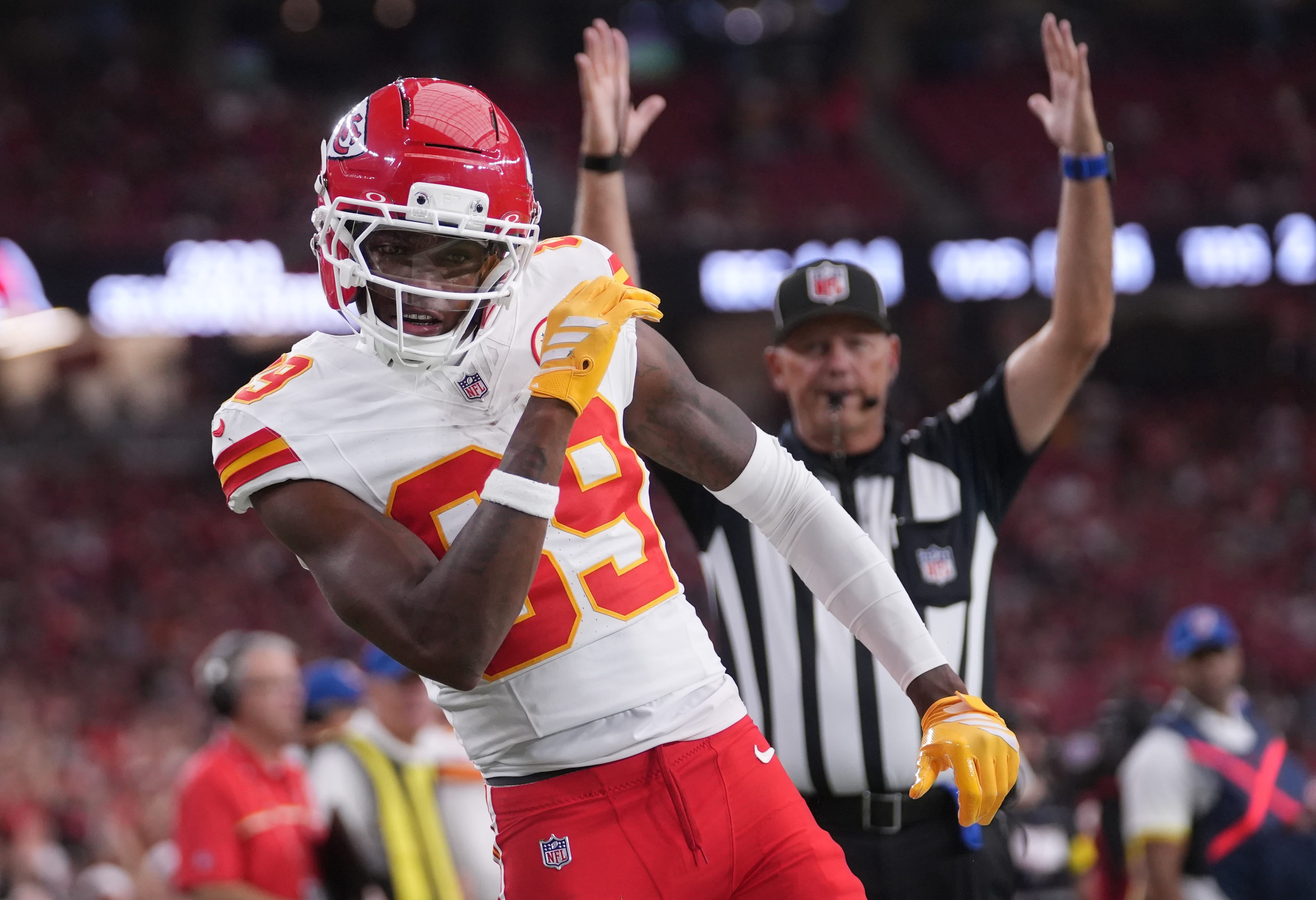 Kansas City Chiefs receiver Jason Brownlee (89) celebrates his touchdown against the Arizona Cardinals during their preseason game at State Farm Stadium on Aug. 9, 2025.